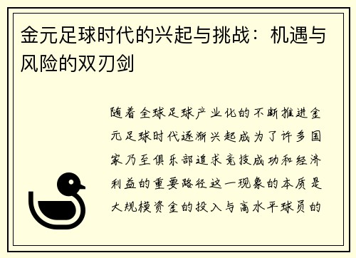 金元足球时代的兴起与挑战：机遇与风险的双刃剑