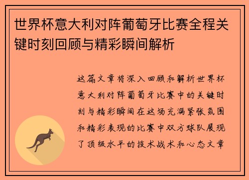 世界杯意大利对阵葡萄牙比赛全程关键时刻回顾与精彩瞬间解析