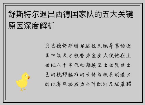 舒斯特尔退出西德国家队的五大关键原因深度解析 舒斯特尔退出西德国家队的五大关键原因深度解析