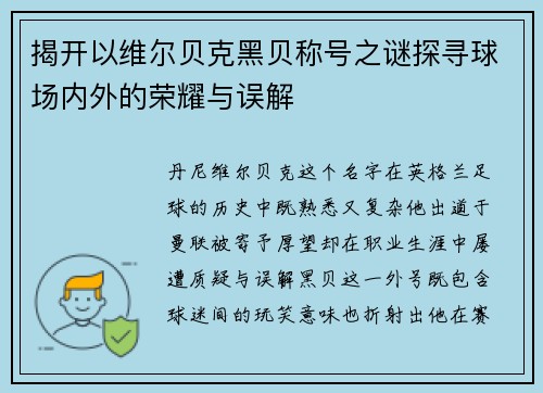 揭开以维尔贝克黑贝称号之谜探寻球场内外的荣耀与误解